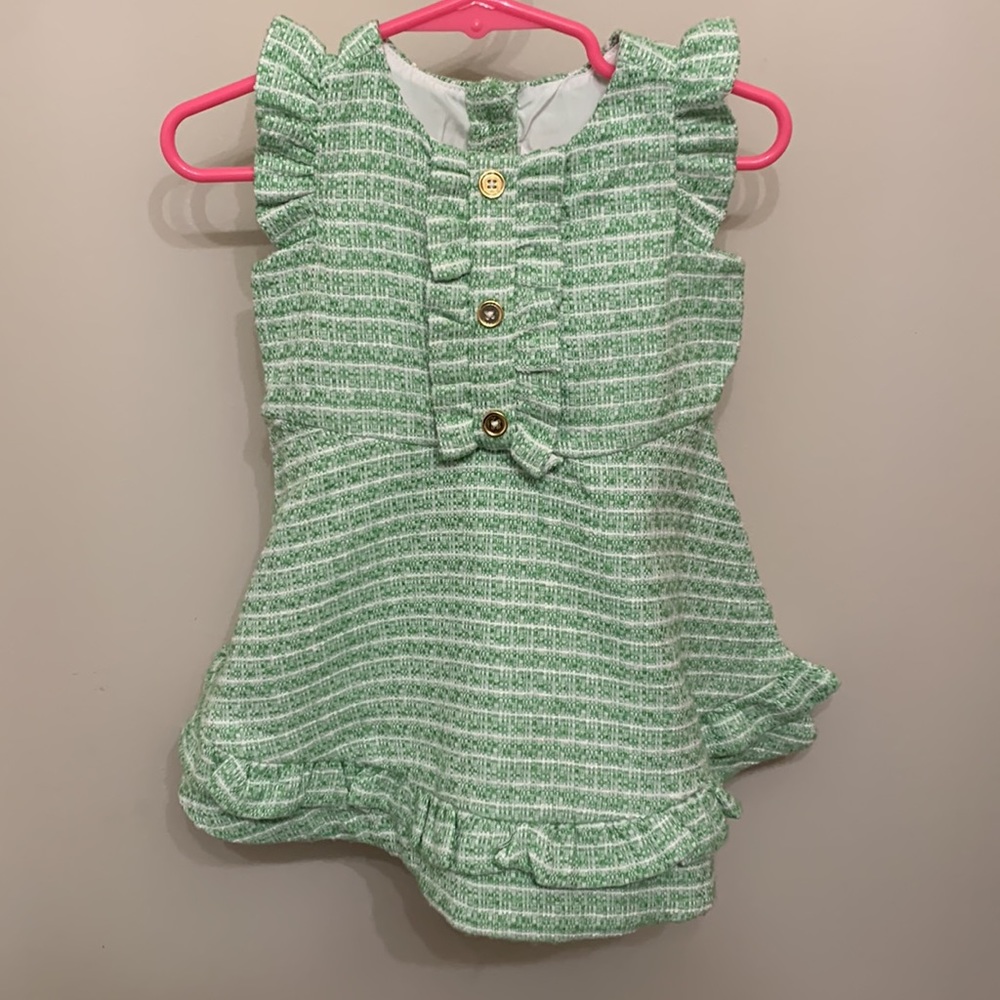 Ruffles Green White Dress Bloomers Pull On Goldtone Buttons 12-18